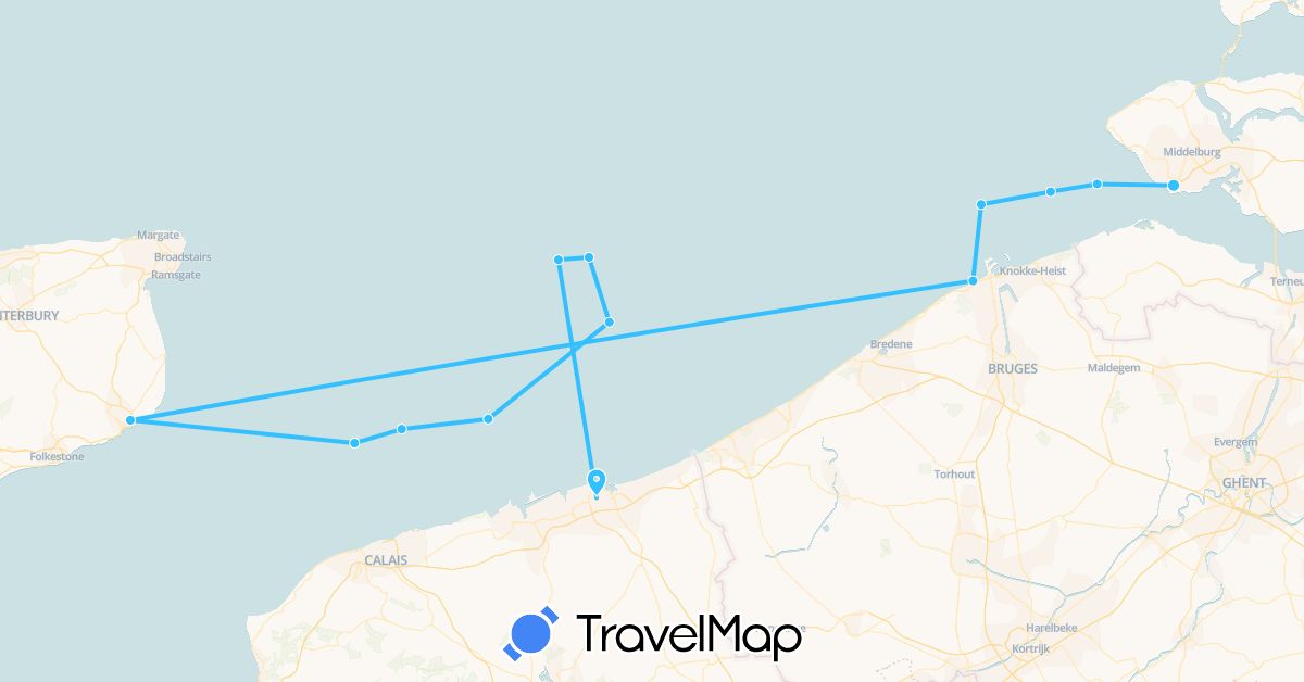 TravelMap itinerary: driving, boat in Belgium, France, United Kingdom, Netherlands (Europe)